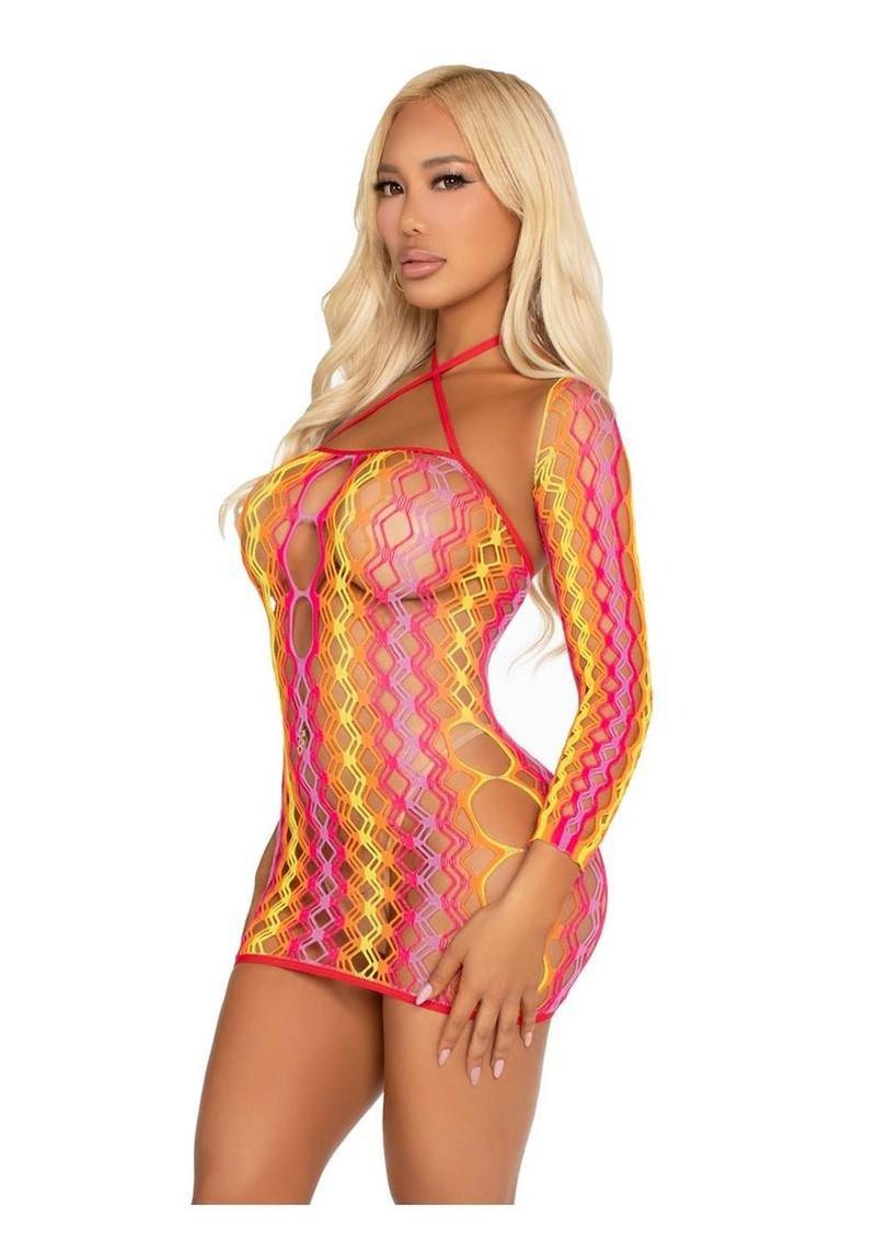 Zig Zag Net Twist Halter Mini Dress with Keyhole Detail and Shrug (2 Piece)