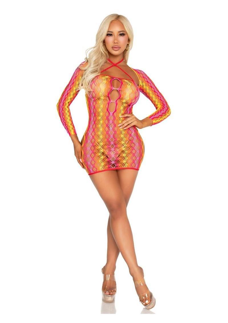 Zig Zag Net Twist Halter Mini Dress with Keyhole Detail and Shrug (2 Piece)