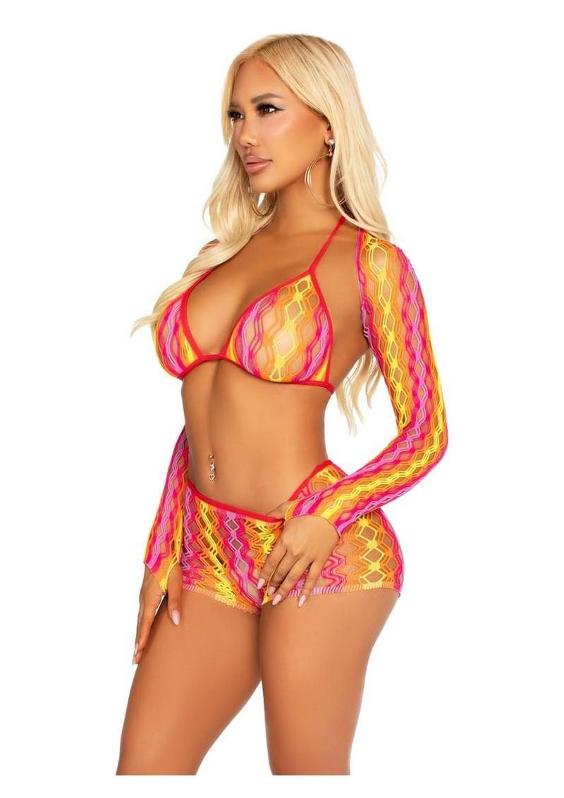 Zig Zag Net Bikini Top, Boyshorts, and Shrug