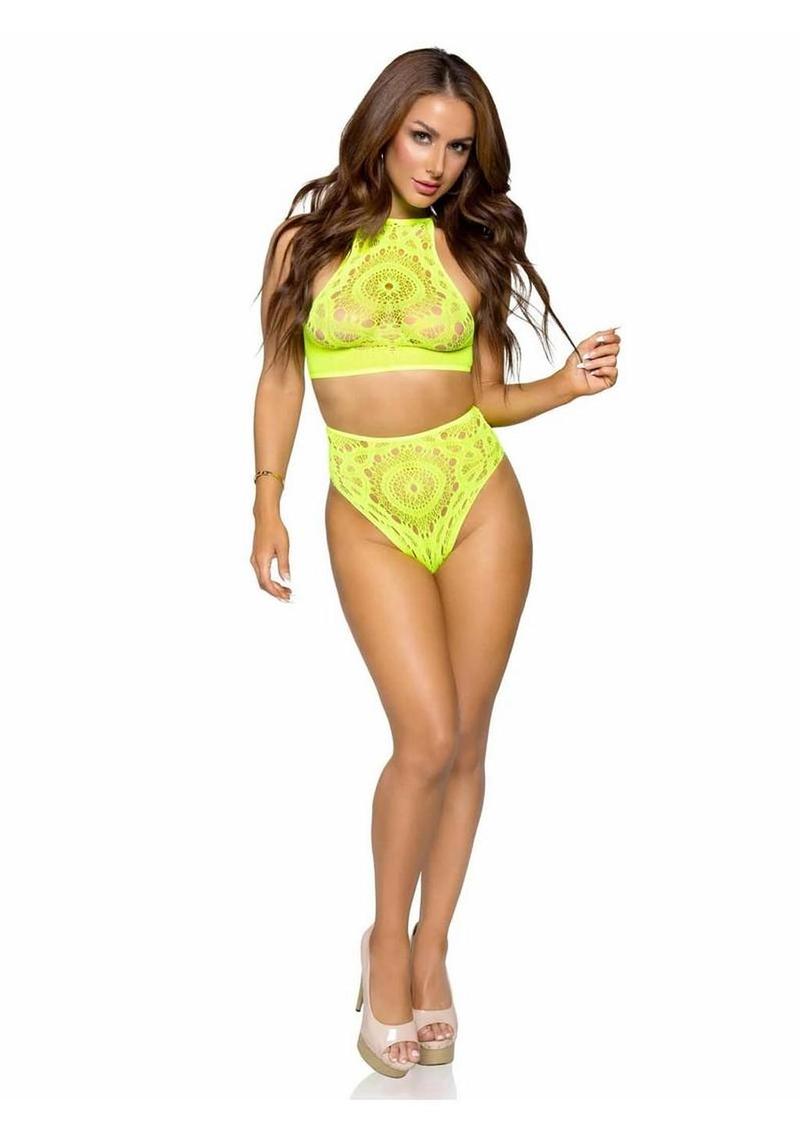 Crochet Lace Halter Crop Top with Strappy Back Detail and High Waist Thong Panties (2 Piece)