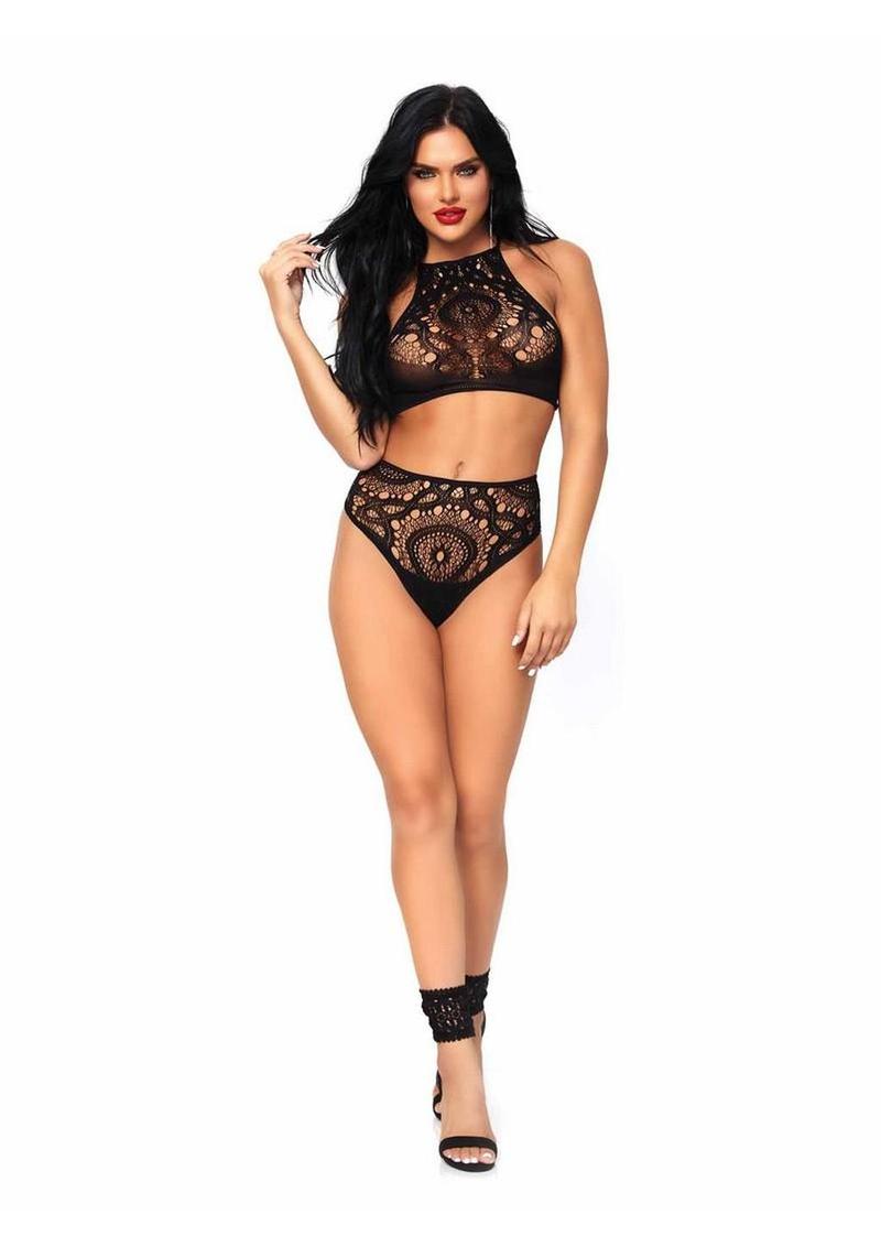 Crochet Lace Halter Crop Top with Strappy Back Detail and High Waist Thong Panties (2 Piece)