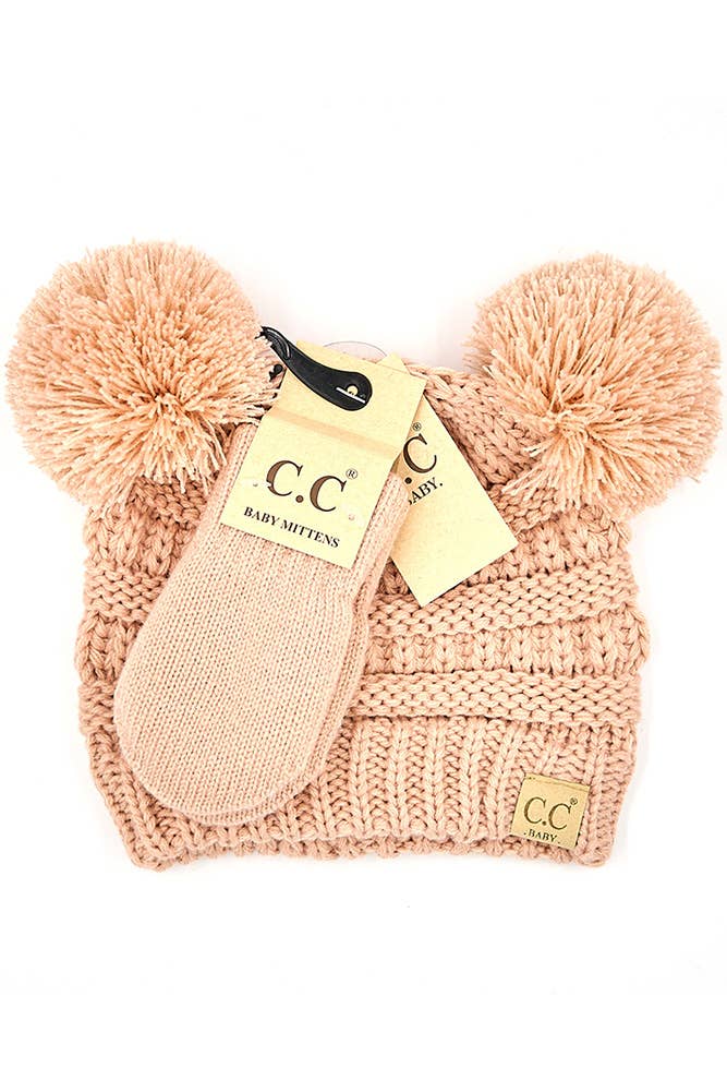 C.C Baby Solid Ribbed Pom Beanie and Mitten Glove