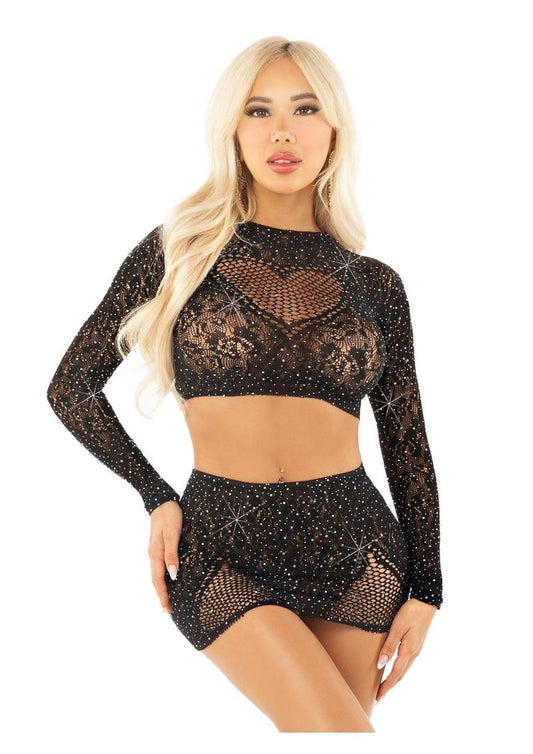 Rhinestone Lace and Net Crop Top with Heart Keyhole Detail and Mini Skirt (2 Piece)