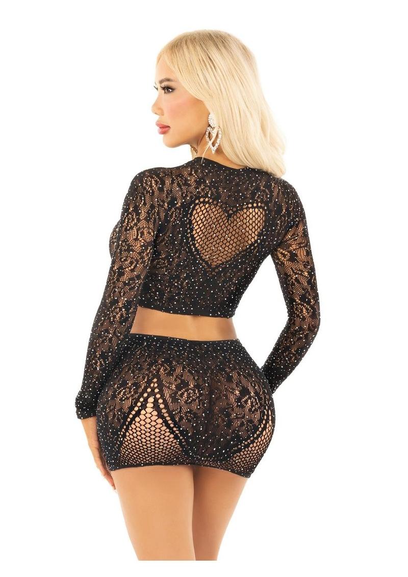 Rhinestone Lace and Net Crop Top with Heart Keyhole Detail and Mini Skirt (2 Piece)