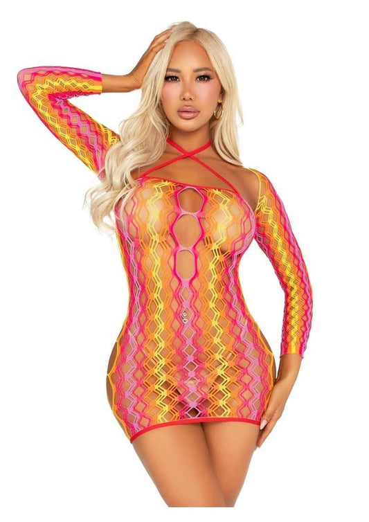Zig Zag Net Twist Halter Mini Dress with Keyhole Detail and Shrug (2 Piece)