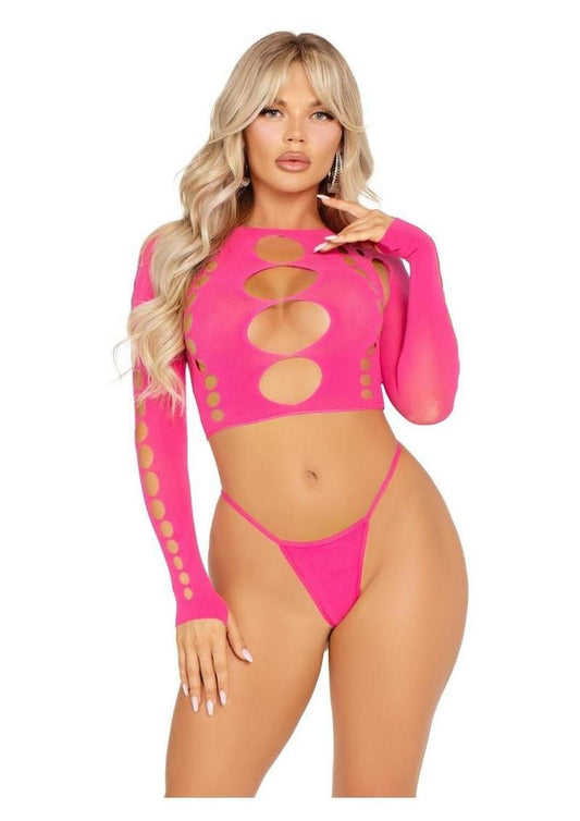Seamless Cut Out Long Sleeve Crop Top and G-String Panty