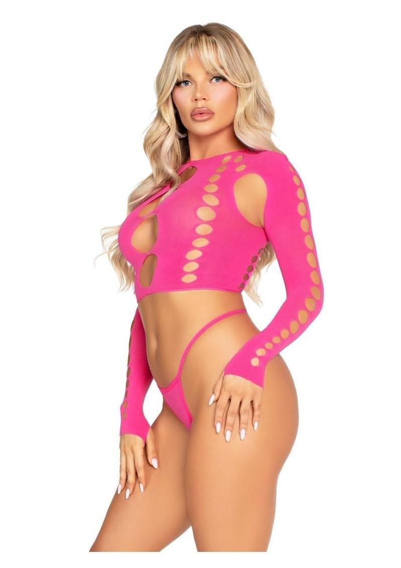 Seamless Cut Out Long Sleeve Crop Top and G-String Panty