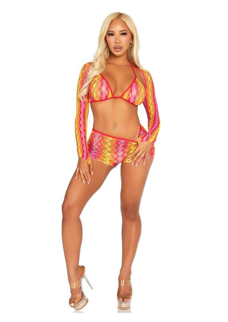 Zig Zag Net Bikini Top, Boyshorts, and Shrug