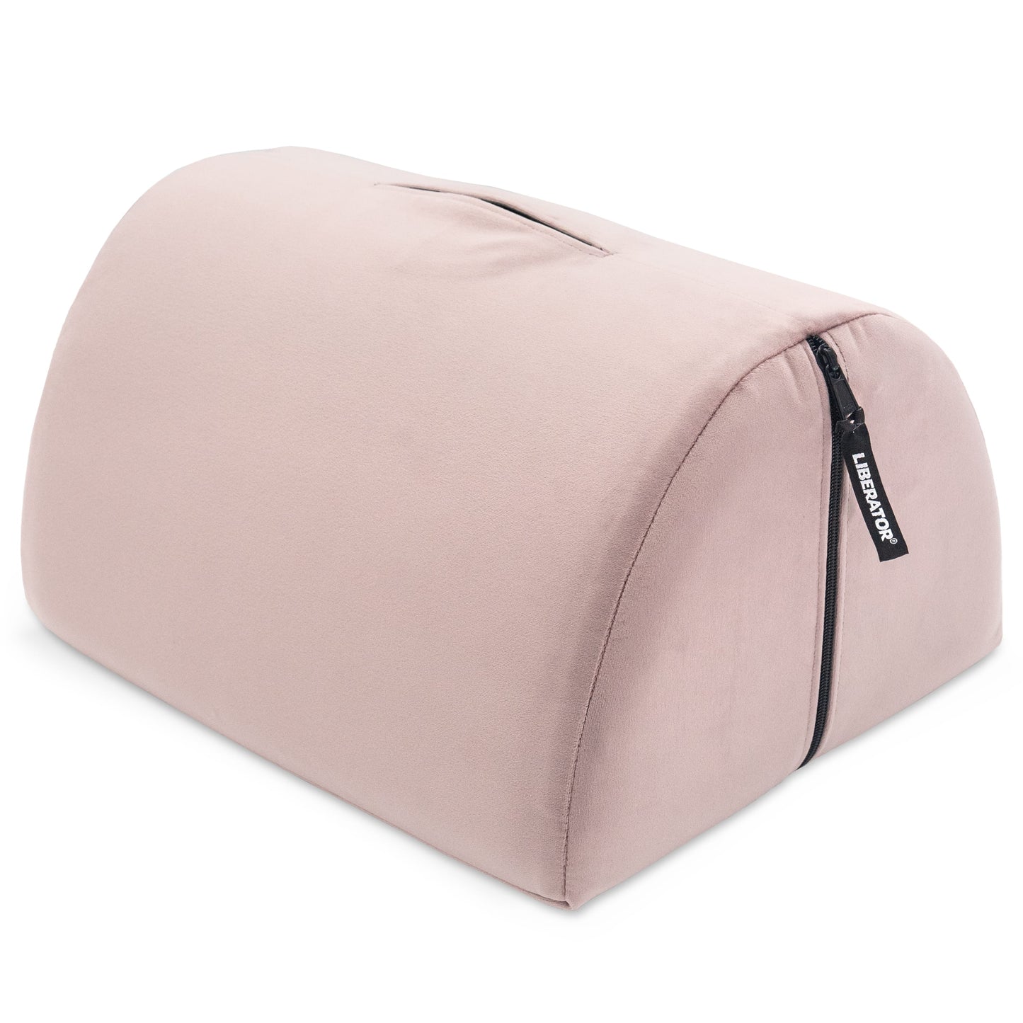 Pink wedge pillow with a brand label on a white background