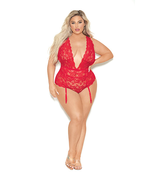 Euphoria Deep V Lace Teddiette w/Open Crotch & Butt Red
