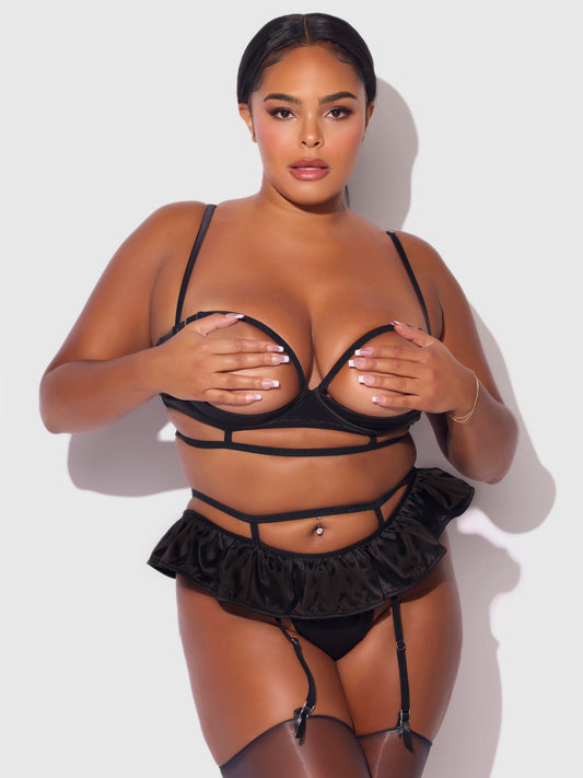 BRIGETA SATIN OPEN CUP BRA & SKIRTED THONG SET