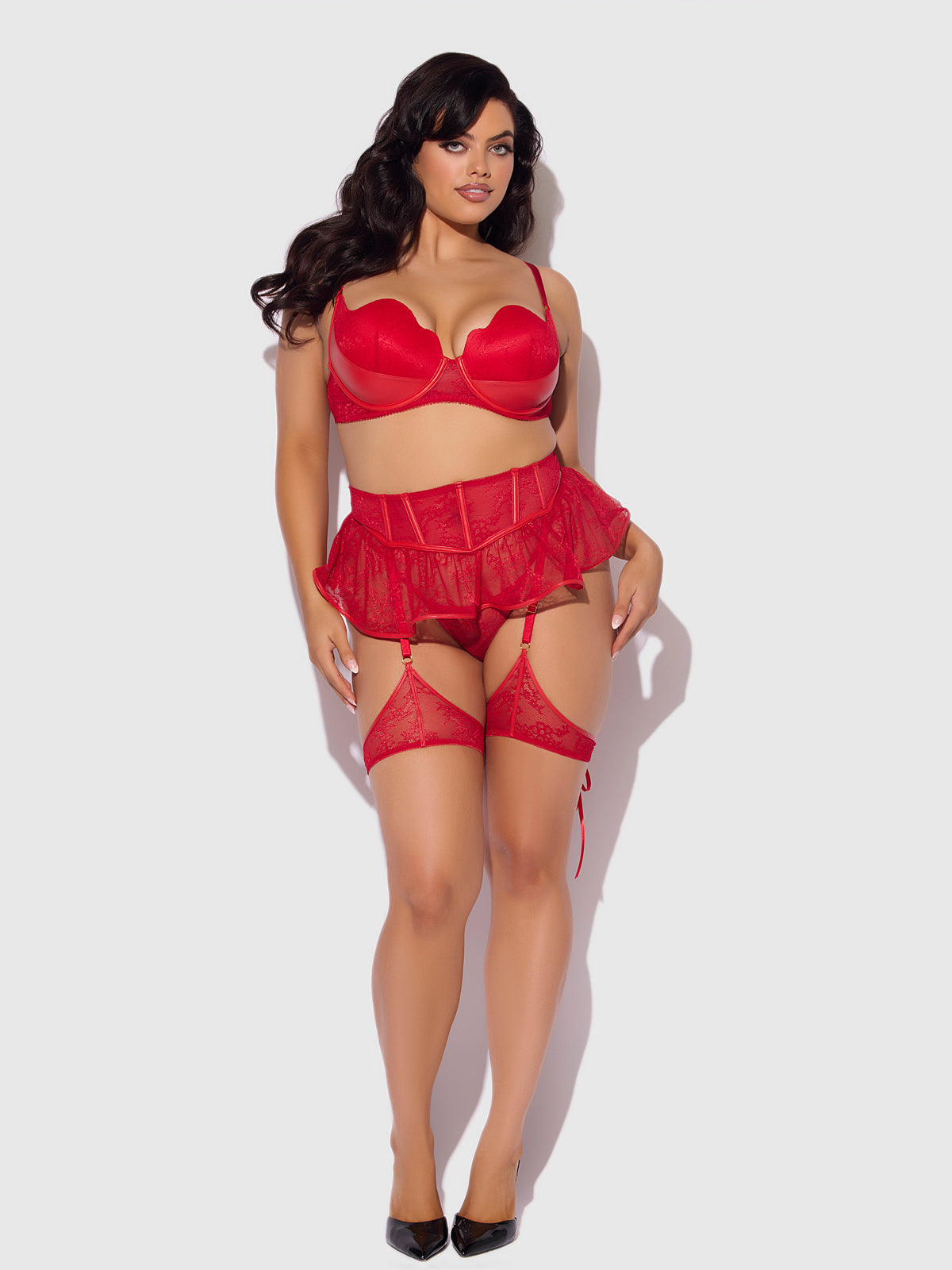 KIKI LACE & FAUX LEATHER SKIRTED GARTER BELT