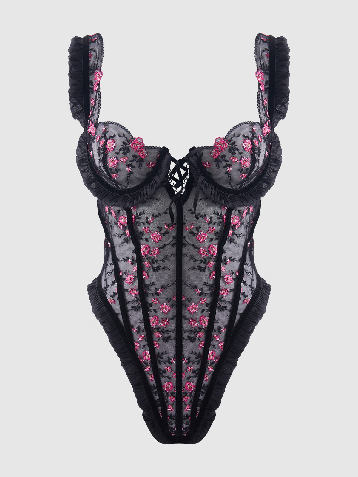 HARPER EMBROIDERED MESH & RUFFLE TEDDY