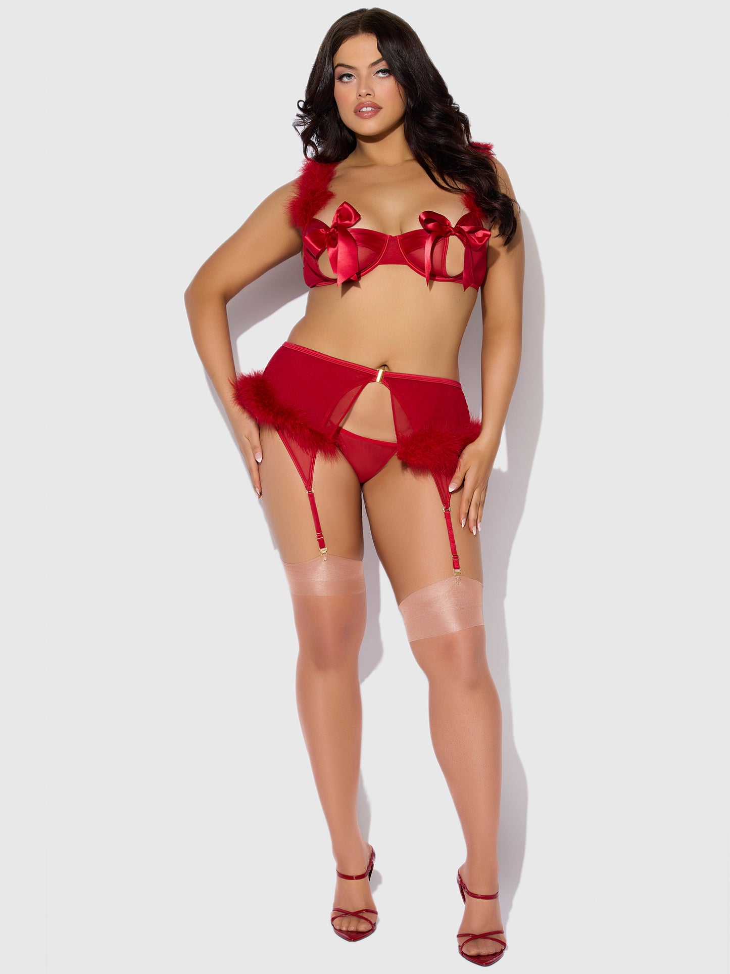 MARILYN MARABOU & MESH OPENABLE BRA, GARTER, & G-STRING SET