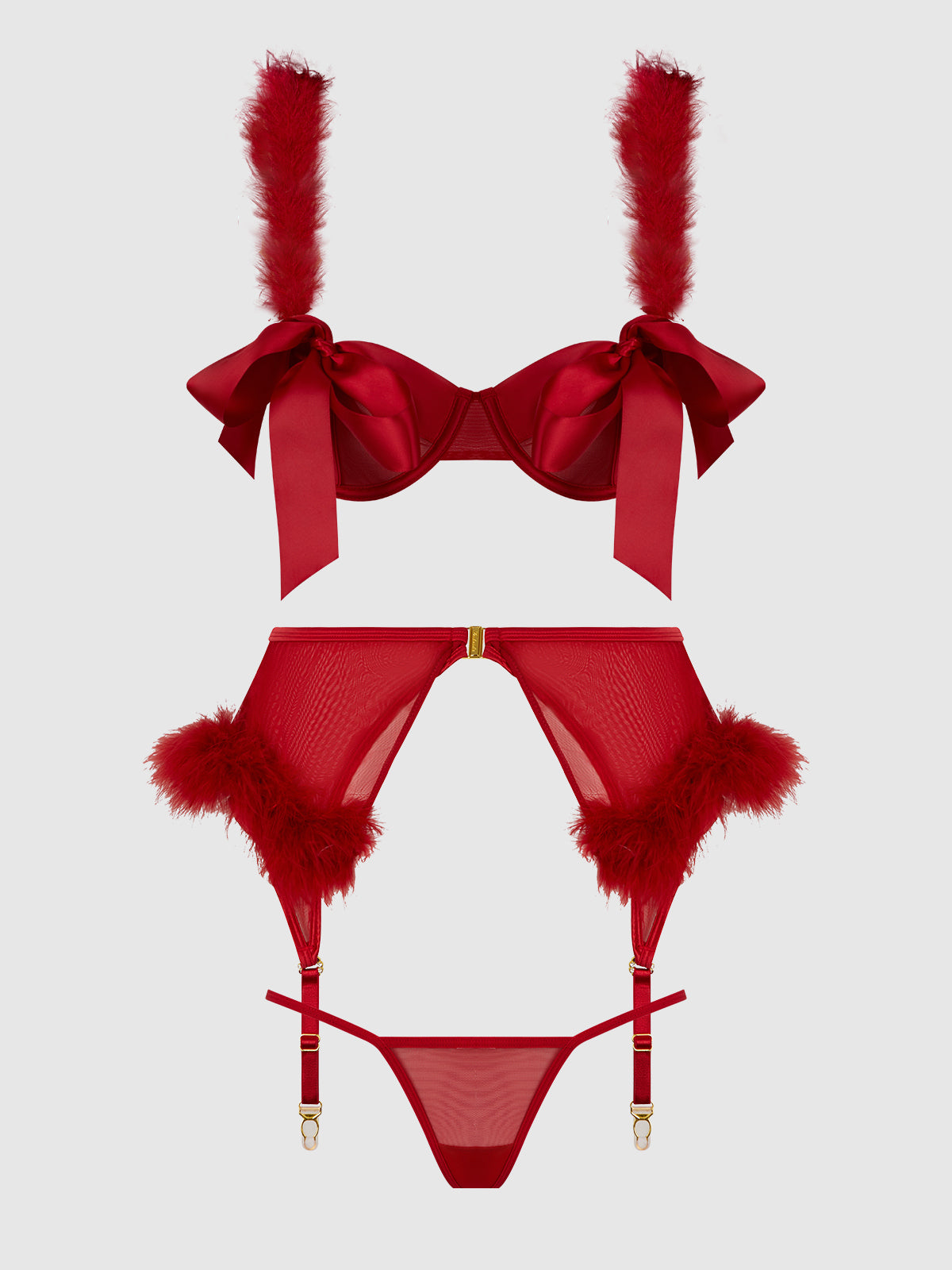 MARILYN MARABOU & MESH OPENABLE BRA, GARTER, & G-STRING SET