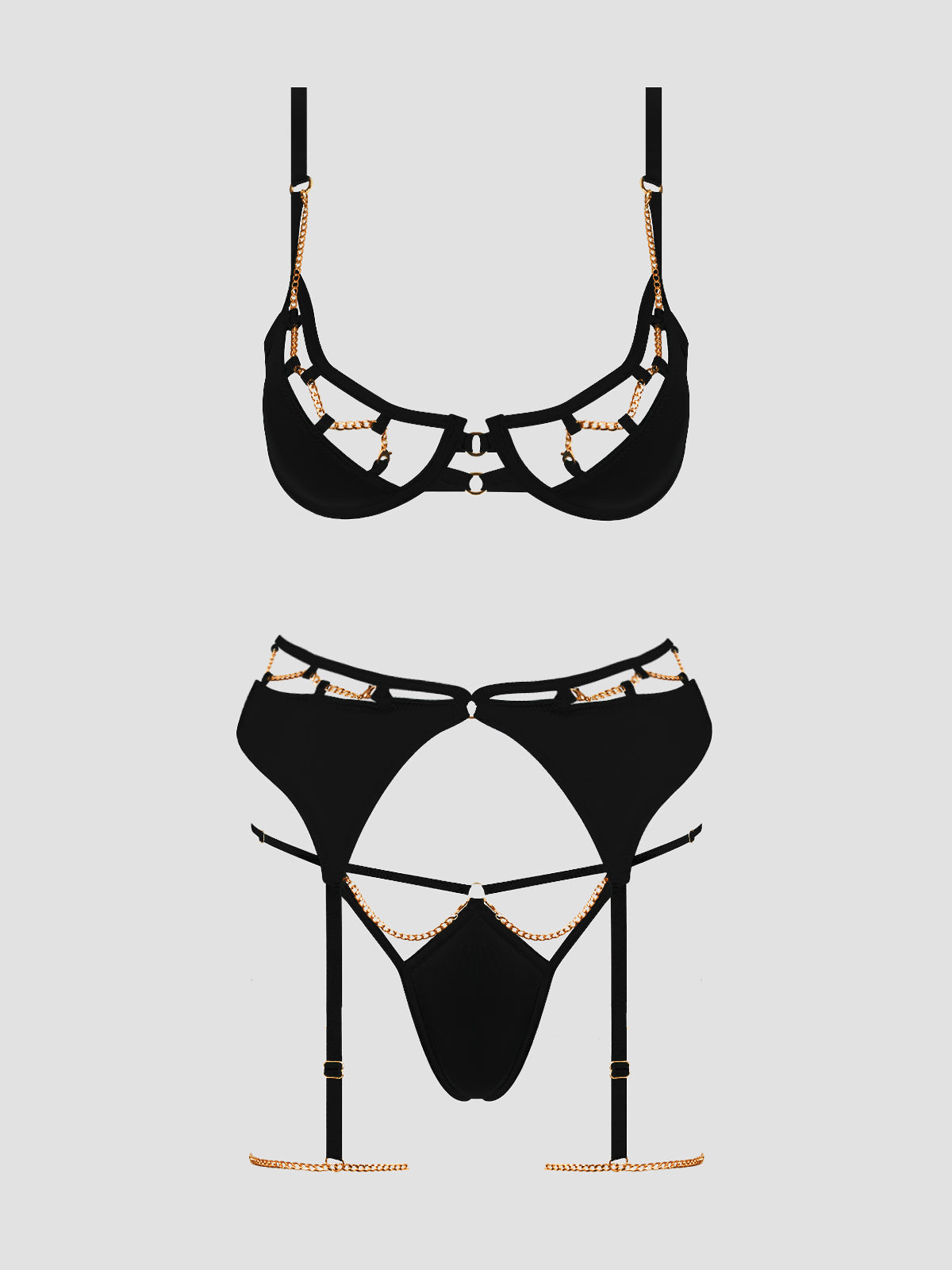 EVANGELINE SATIN & CHAIN BRA, THIGH GARTER & G-STRING SET