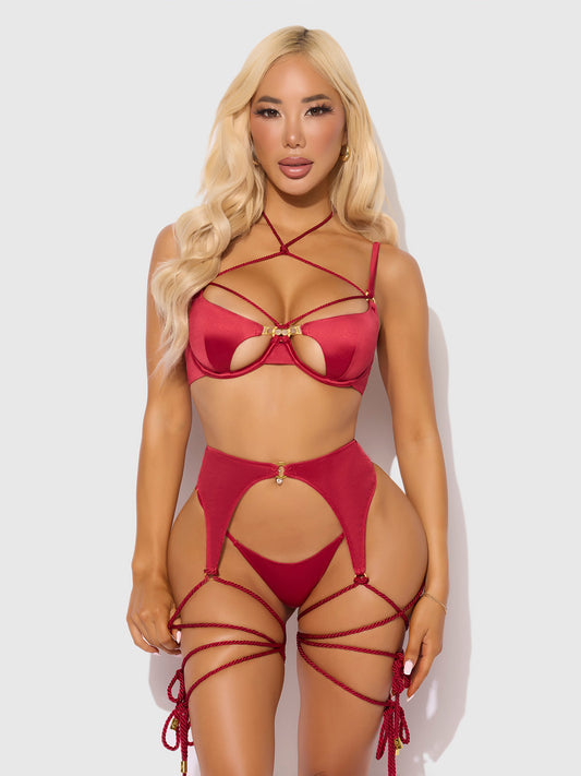 IRYNA SILKY MICRO & ROPE BRA, GARTER & THONG SET