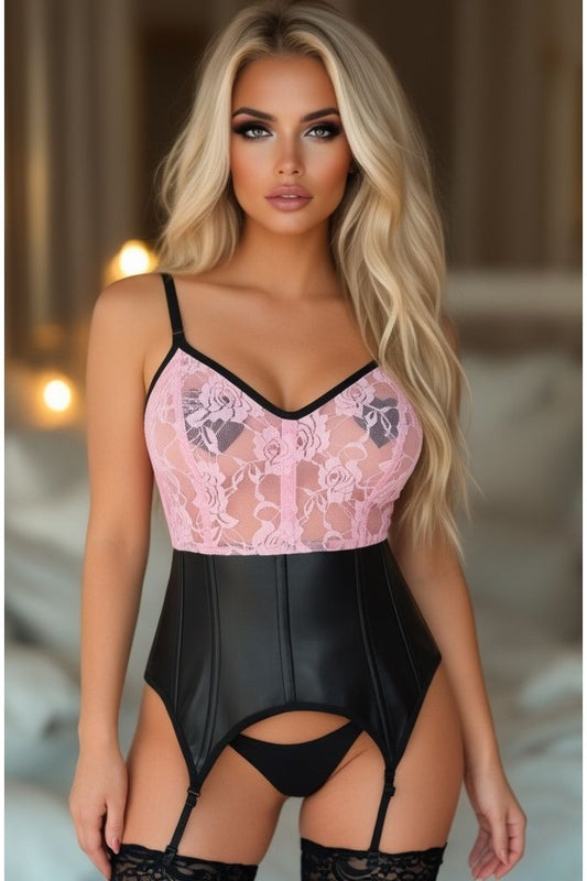 Lavish Black/Pink Wet Look & Lace Bustier Corset w/Garters