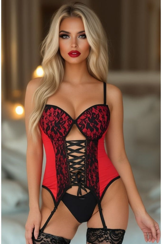 Lavish Red/Black Lycra & Lace Hook & Eye Lace-Up Bustier Corset w/Garters