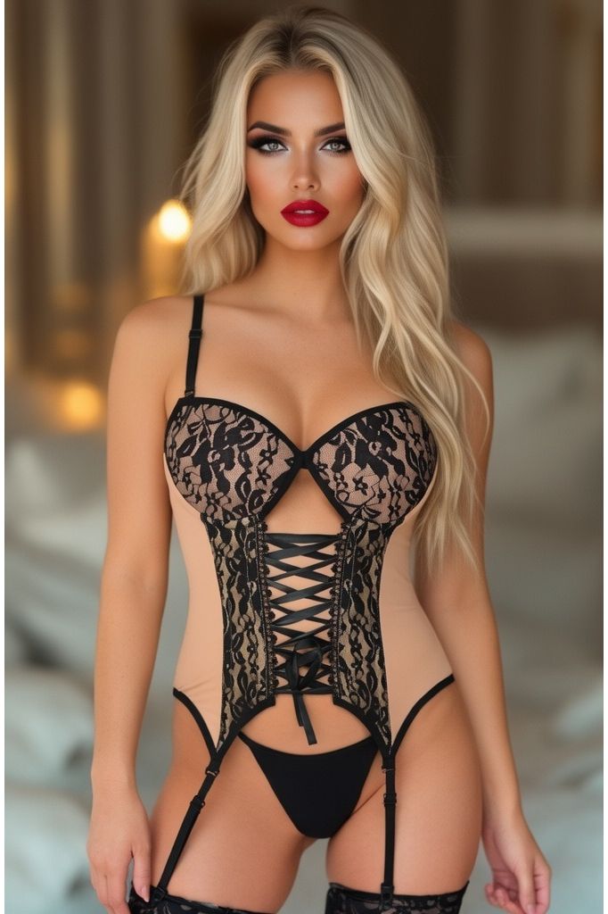 Lavish Nude/Black Lycra & Lace Hook & Eye Lace-Up Bustier Corset w/Garters