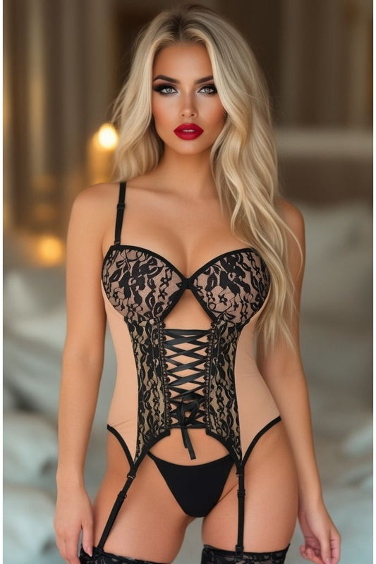 Lavish Nude/Black Lycra & Lace Hook & Eye Lace-Up Bustier Corset w/Garters
