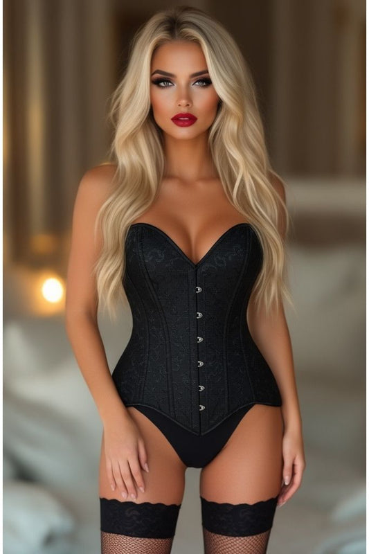 Lavish Black Brocade Overbust Corset W/Busk Closure
