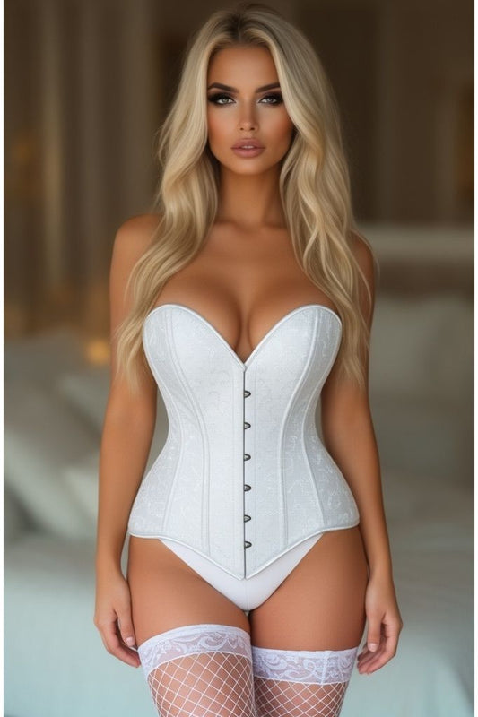 Lavish White Brocade Overbust Corset W/Busk Closure