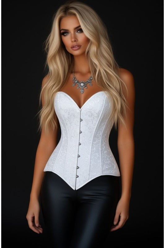Lavish White Brocade Overbust Corset W/Busk Closure