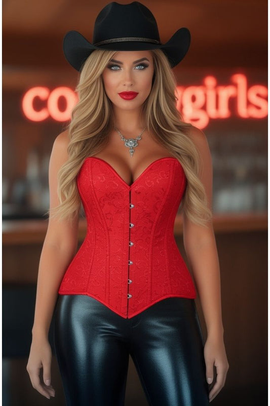 Lavish Red Brocade Overbust Corset W/Busk Closure