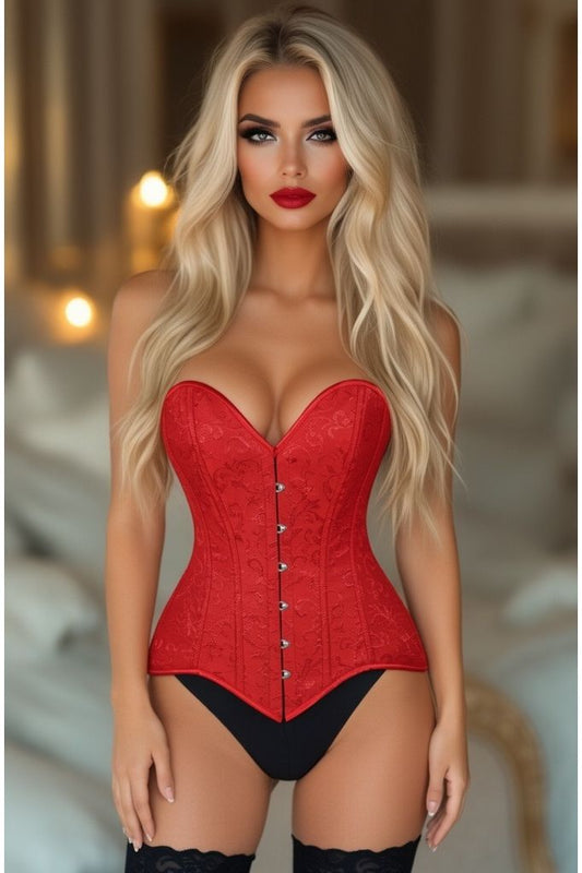 Lavish Red Brocade Overbust Corset W/Busk Closure