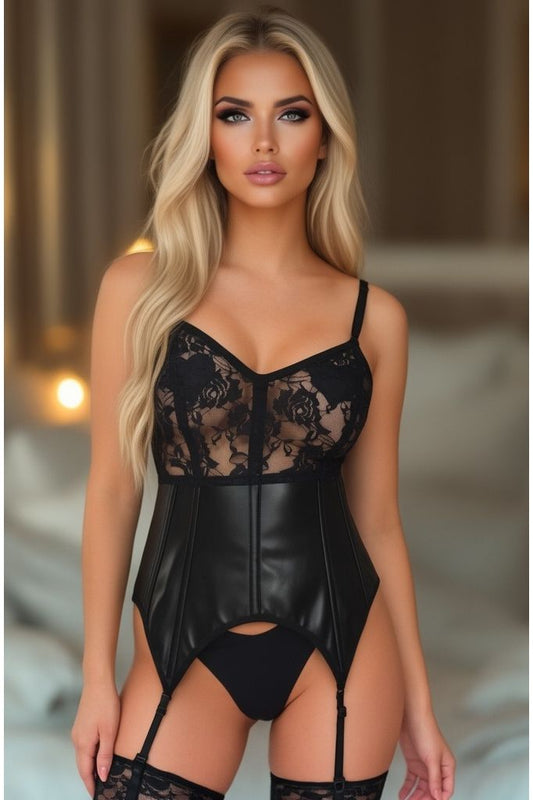 Lavish Black Wet Look & Lace Bustier Corset w/Garters