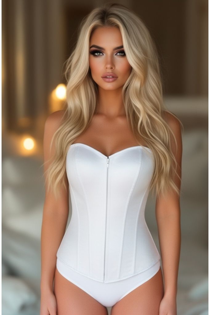 Lavish White Satin Overbust Sweetheart Front Zipper Corset Top