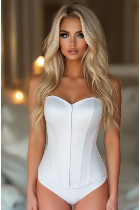 Lavish White Satin Overbust Sweetheart Front Zipper Corset Top