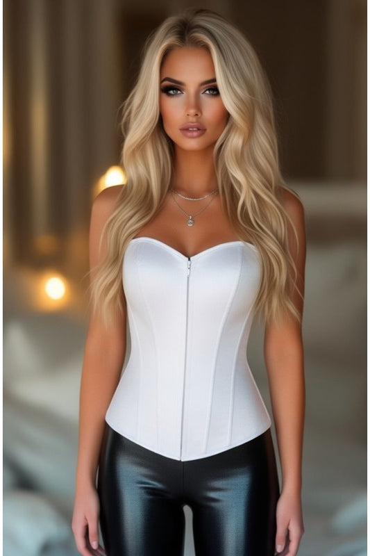 Lavish White Satin Overbust Sweetheart Front Zipper Corset Top