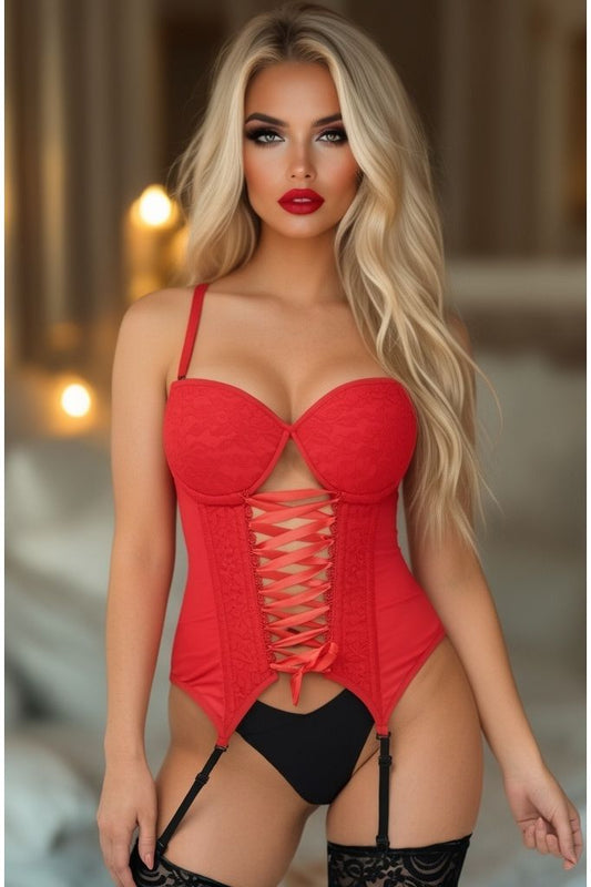 Lavish Red Lycra & Lace Hook & Eye Lace-Up Bustier Corset w/Garters