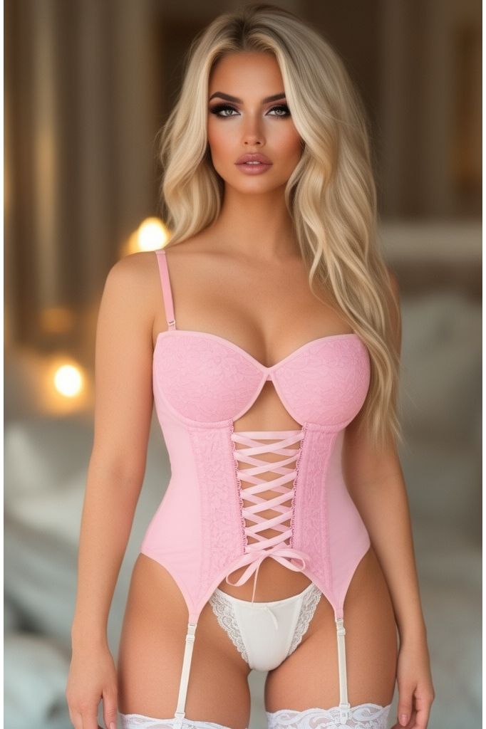 Lavish Lt Pink Lycra & Lace Hook & Eye Lace-Up Bustier Corset w/Garters