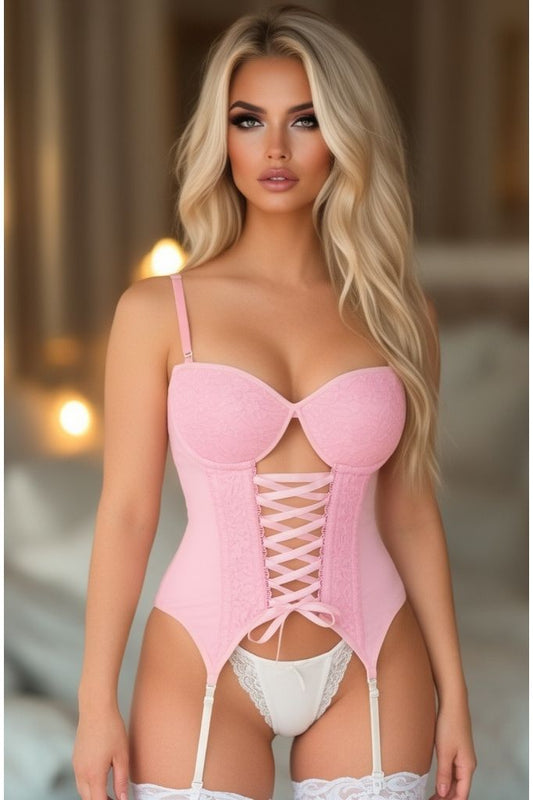 Lavish Lt Pink Lycra & Lace Hook & Eye Lace-Up Bustier Corset w/Garters