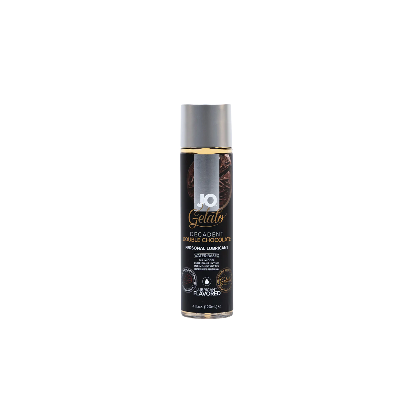 JO Gelato Decadent Chocolate flavored personal lubricant can on a white background