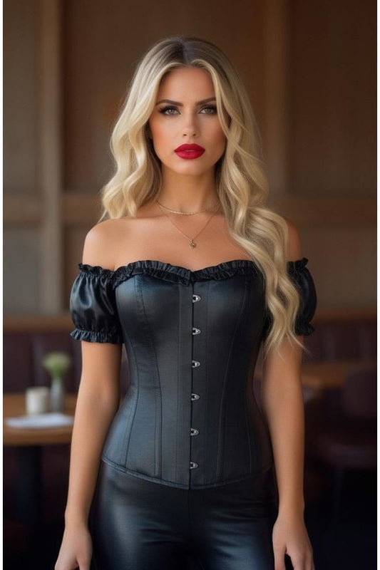 Top Drawer Steel Boned Black Satin Overbust Corset w/Sleeves