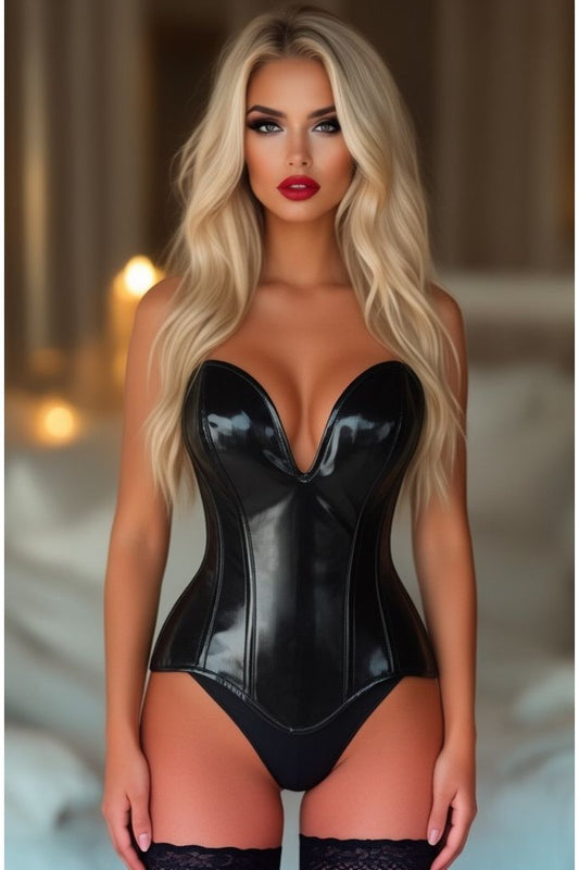 Top Drawer Steel Boned Black Patent Plunge Neckline Overbust Corset