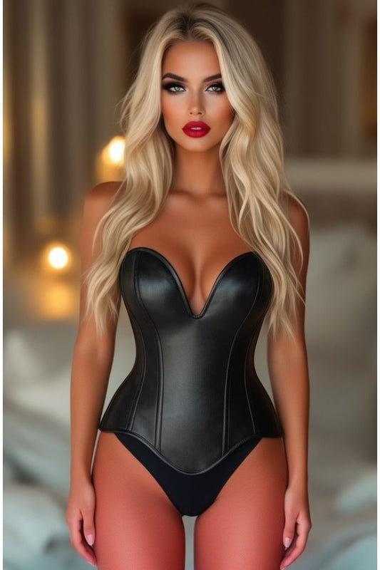 Top Drawer Steel Boned Black Faux Leather Plunge Neckline Overbust Corset