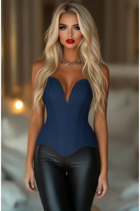 Top Drawer Steel Boned Dark Blue Denim Plunge Neckline Overbust Corset