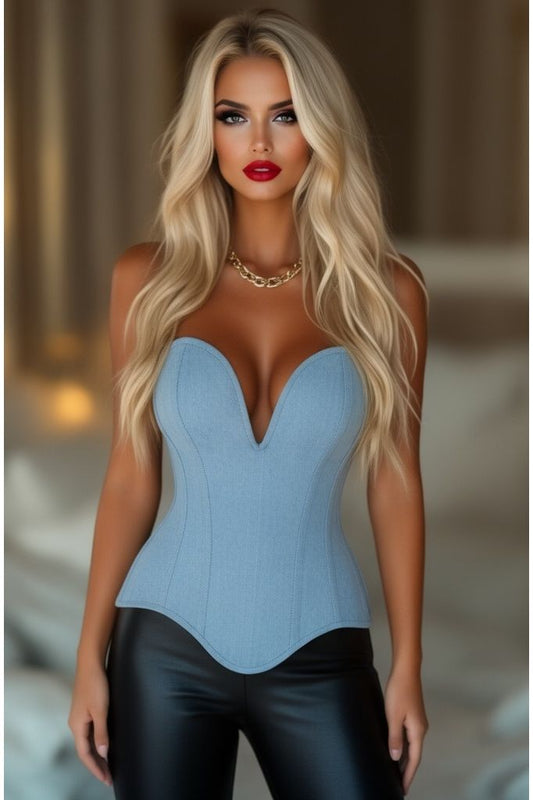 Top Drawer Steel Boned Light Blue Denim Plunge Neckline Overbust Corset