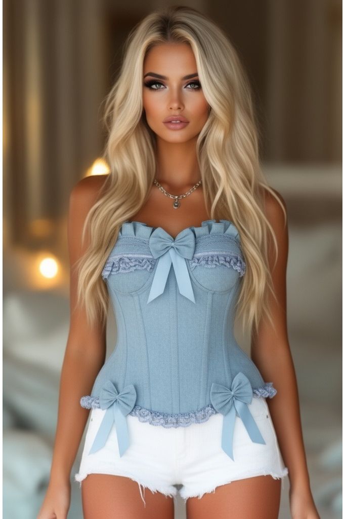 Top Drawer Light Blue Denim Underwire Steel Boned Burlesque Corset w/Bows