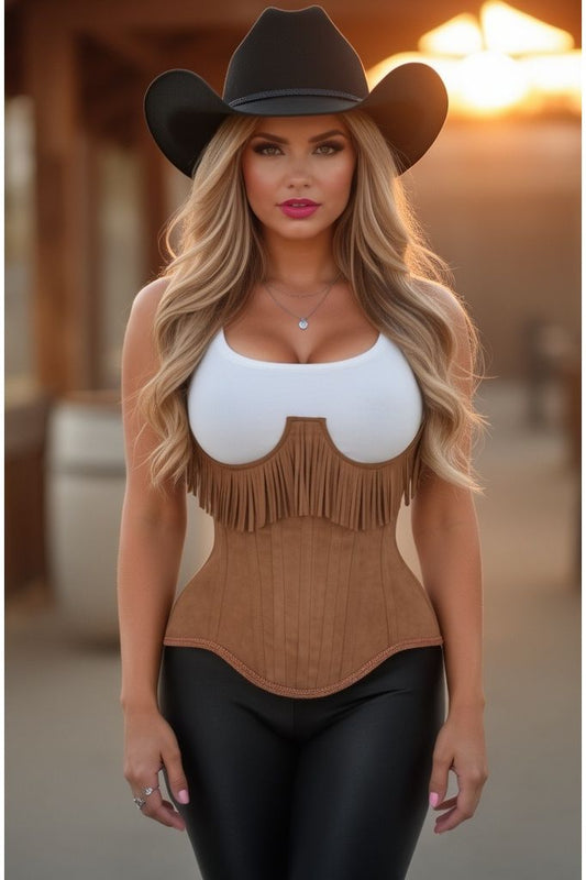 Top Drawer Steel Boned Tan Suede Underwire Underbust Corset Cincher w/Fringe