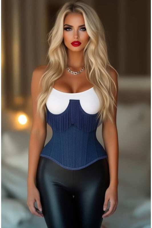 Top Drawer Steel Boned Dark Blue Denim Underwire Underbust Corset Cincher w/Fringe