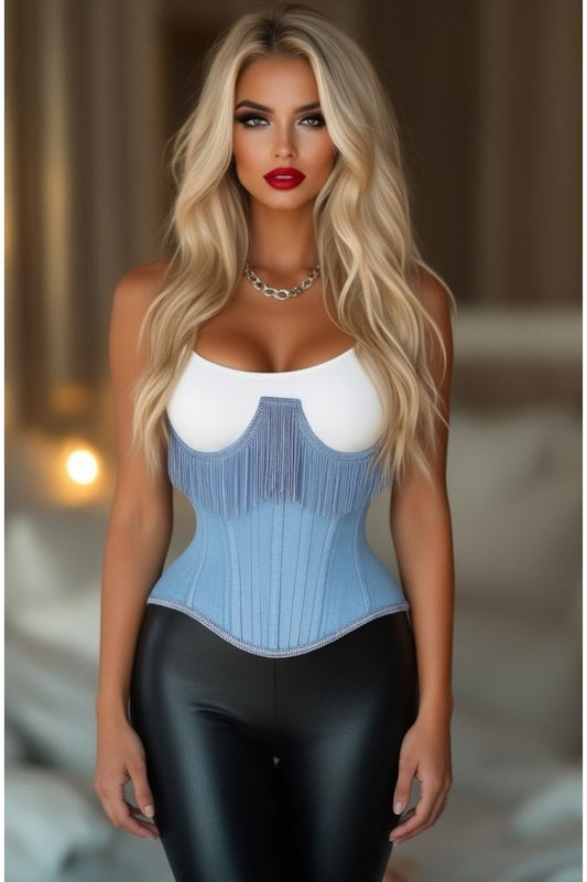 Top Drawer Steel Boned Light Blue Denim Underwire Underbust Corset Cincher w/Fringe