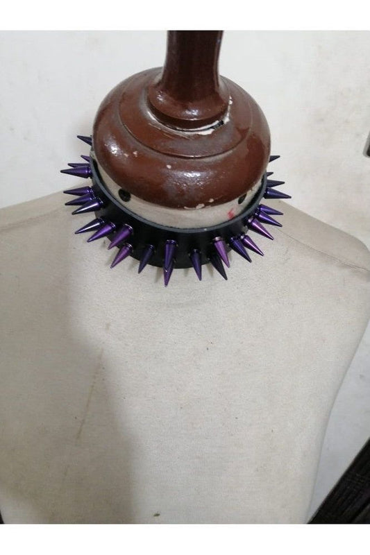 Black Faux Leather & Purple Metallic Spike Choker - Daisy Corsets