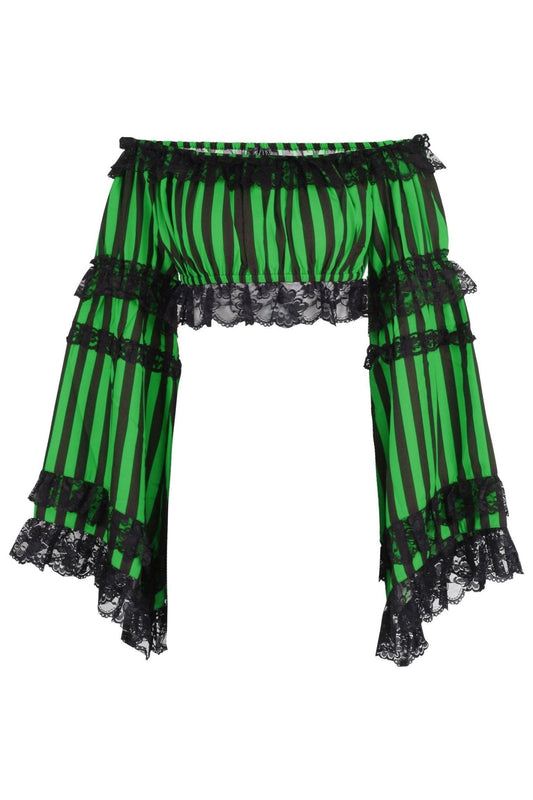 Black/Green Striped Smocked Flare Sleeve Peasant Top - Daisy Corsets