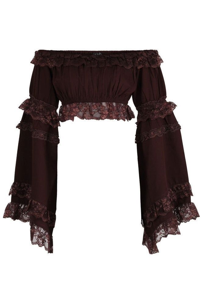 Brown Smocked Flare Sleeve Peasant Top - Daisy Corsets
